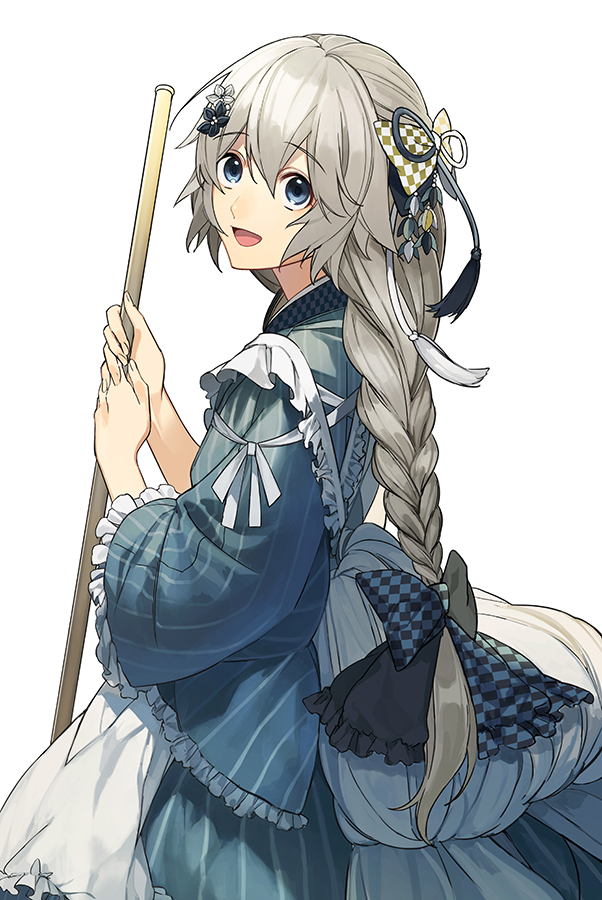 1girl, apron, blue_eyes, bow, braid, commentary, frilled_apron, frilled_sleeves