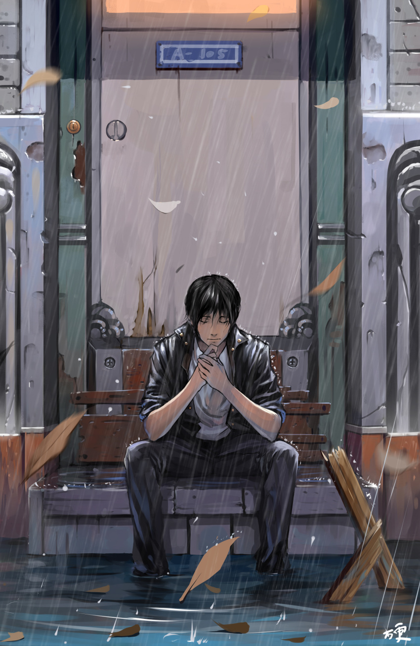 1boy, absurdres, bad_id, bad_pixiv_id, black_hair, closed_eyes, denim, door