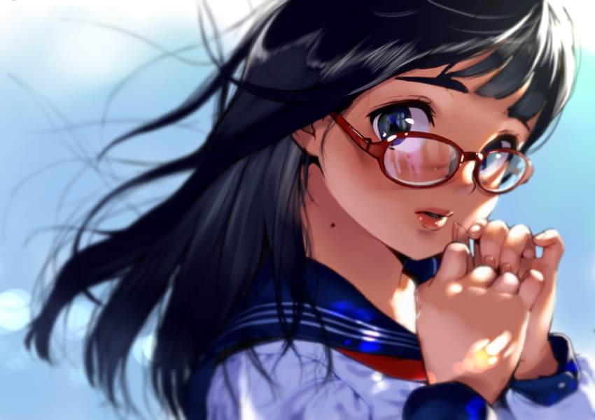 1girl, black_hair, blue_eyes, close-up, commentary, fingernails, glasses, jorori