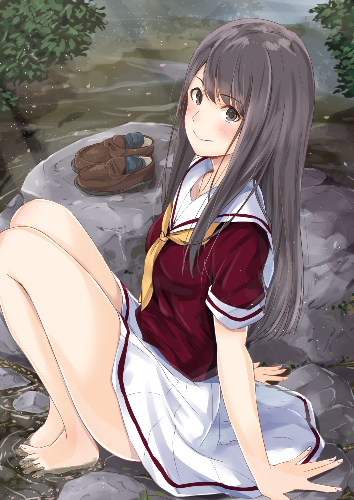 1girl, atelier2nd, bangs, bare_legs, barefoot, black_hair, black_legwear, blush