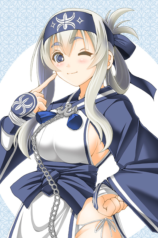 1girl, ainu, ainu_clothes, bandanna, blue_eyes, blush, breasts, chains
