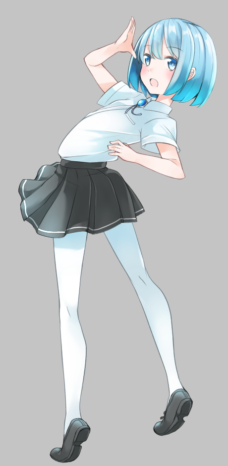 1girl, arm_up, bangs, bending_backward, black_shoes, black_skirt, blue_eyes, blue_hair