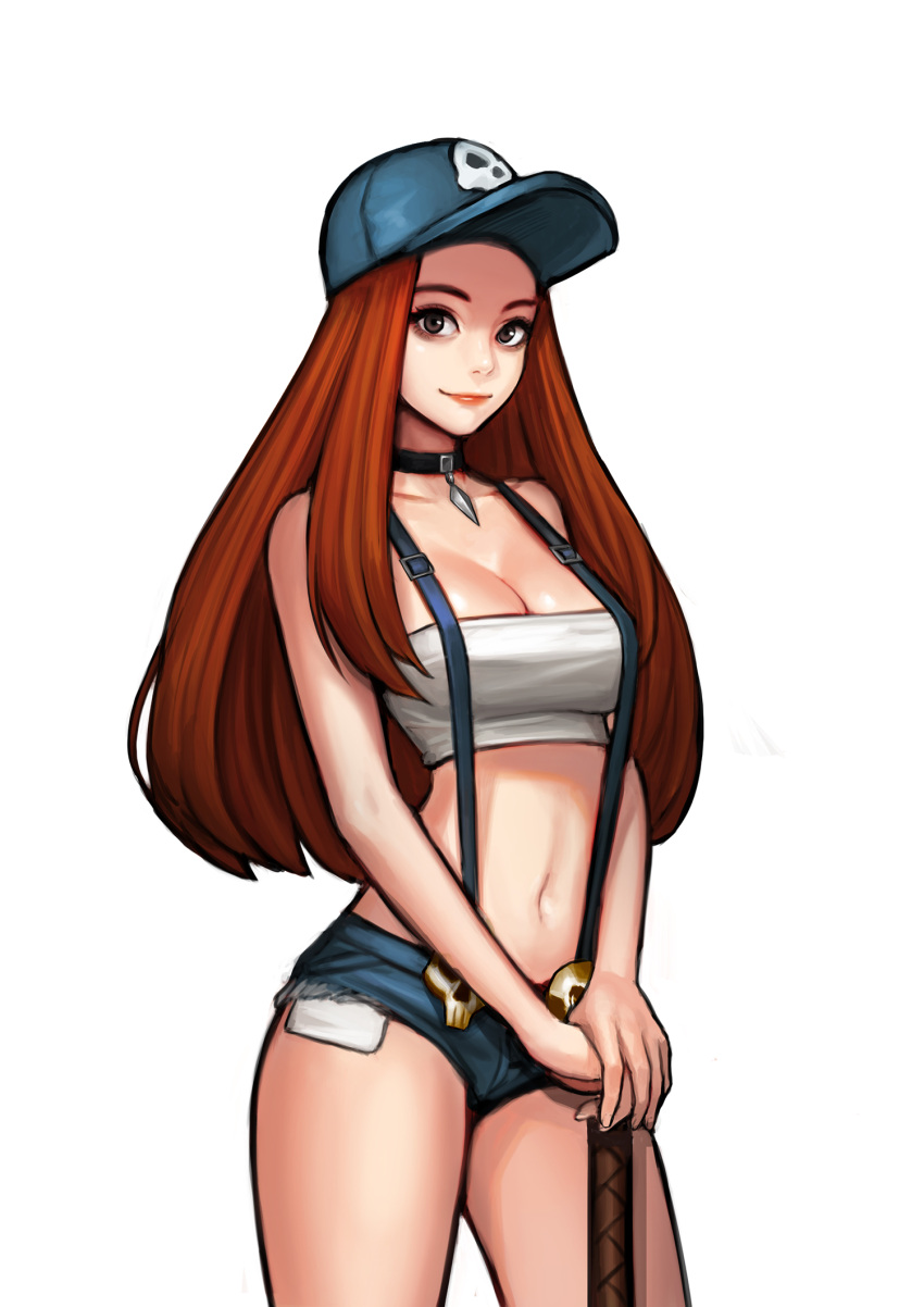 1girl, bandeau, bare_shoulders, baseball_cap, black_choker, blue_hat, blue_shorts, breasts