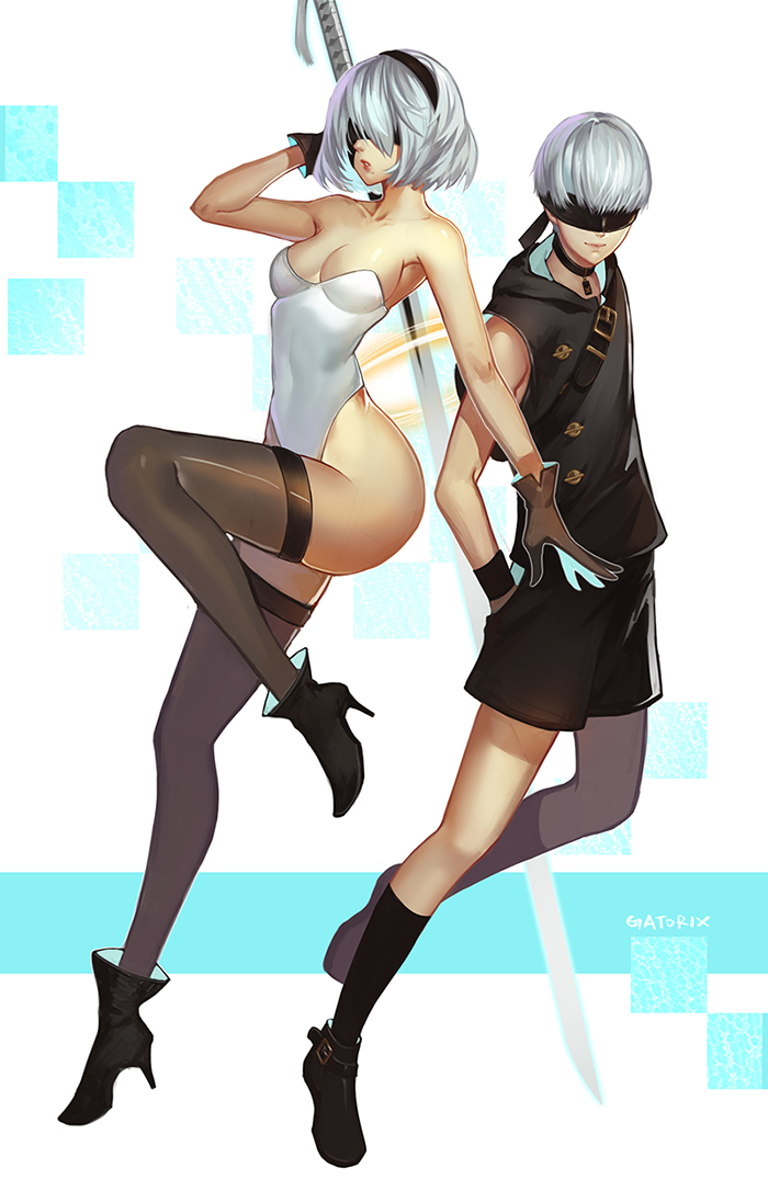 1boy, 1girl, artist_name, backpack, bag, bare_shoulders, belt, belt_buckle