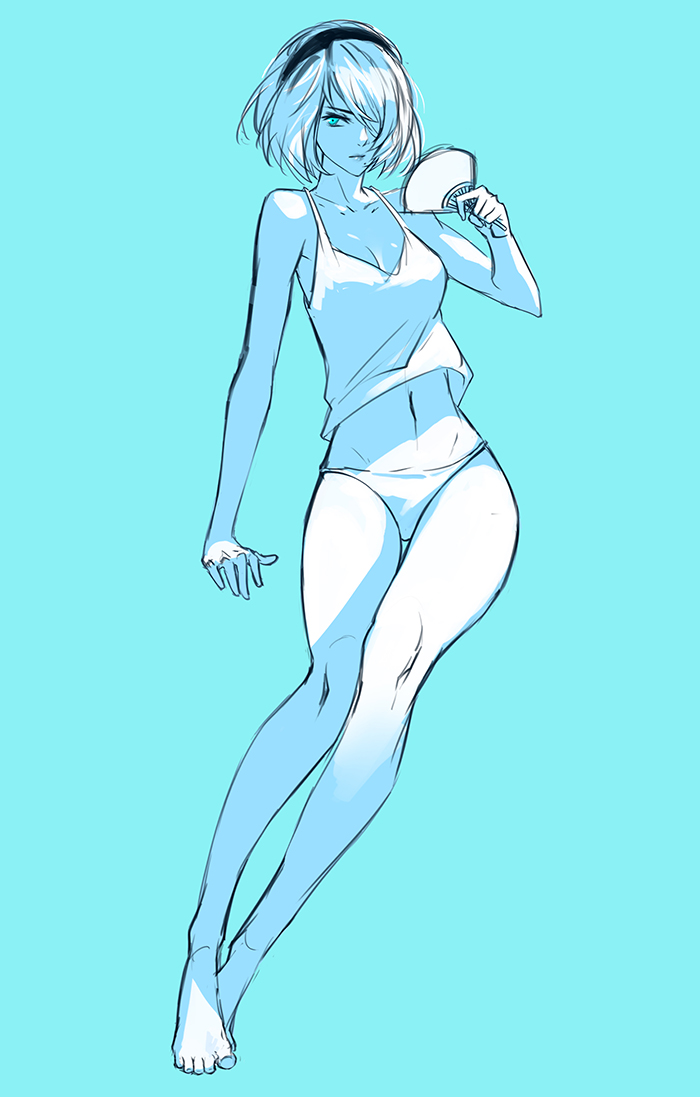 1girl, aqua_background, aqua_eyes, arm_at_side, arm_support, bare_arms, bare_legs, bare_shoulders, barefoot, black_hairband, breasts, camisole, cleavage, closed_mouth, collarbone, commentary_request, fan, fanning_face, full_body, gatorix, groin, hair_over_one_eye, hairband, hand_up, holding, holding_fan, looking_away, medium_breasts, midriff, mole, mole_under_mouth, navel, nier_(series), nier_automata, no_blindfold, nose, panties, paper_fan, pink_lips, shirt, short_hair, simple_background, sitting, sleeveless, solo, spaghetti_strap, stomach, thigh_gap, toes, underwear, white_panties, white_shirt, yorha_no._2_type_b