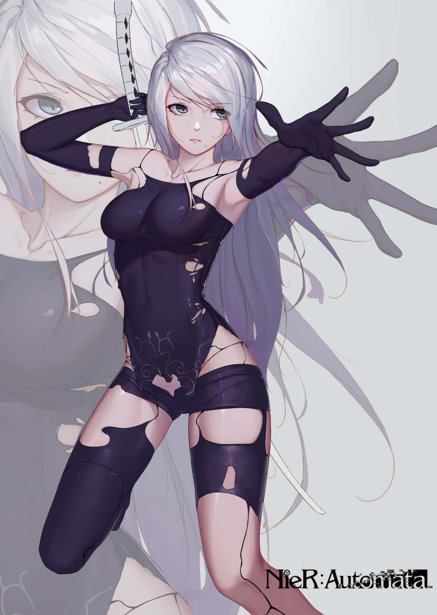 1girl, absurdres, android, arm_behind_head, arm_up, armlet, bangs, bare_shoulders, black_boots, black_gloves, black_legwear, black_shorts, blue_eyes, boots, breasts, collarbone, commentary_request, copyright_name, elbow_gloves, eyebrows_visible_through_hair, gloves, gluteal_fold, hand_up, highleg_shorts, highres, holding, holding_sword, holding_weapon, katana, langya_beike, leg_up, legs_apart, lips, long_hair, looking_away, medium_breasts, mole, mole_under_mouth, nier_(series), nier_automata, one_leg_raised, outstretched_arm, parted_lips, pink_lips, pod_(nier_automata), robot_joints, shirt, short_shorts, shorts, silver_hair, skin_tight, sleeveless, solo, spread_fingers, standing, standing_on_one_leg, swept_bangs, sword, tank_top, tassel, taut_clothes, taut_shirt, thigh-highs, thigh_boots, very_long_hair, weapon, yorha_type_a_no._2