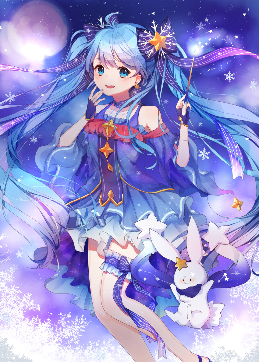 1girl, :3, absurdres, animal, black_gloves, blue_bow, blue_eyes, blue_hair, blue_nails, blush, bow, eyebrows_visible_through_hair, fingerless_gloves, gloves, hair_bow, hatsune_miku, highres, holding, holding_wand, long_hair, looking_at_viewer, moffle_(2019), nail_polish, open_mouth, rabbit, smile, snowflakes, solo, star, teeth, twintails, vocaloid, wand