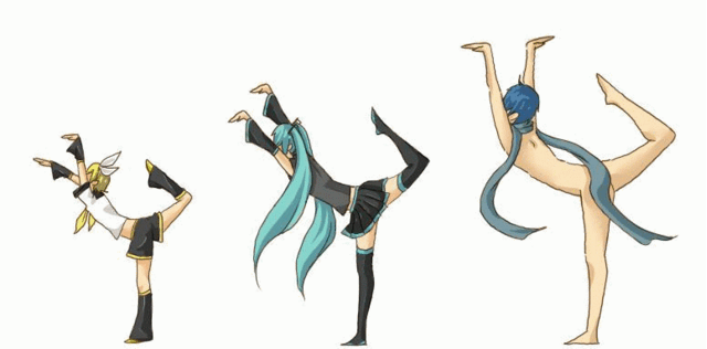 animated_gif, gif, hatsune_miku, kagamine_rin, kaito, naked_scarf, nude, pose, scarf, thighhighs, twintails, vocaloid, waving