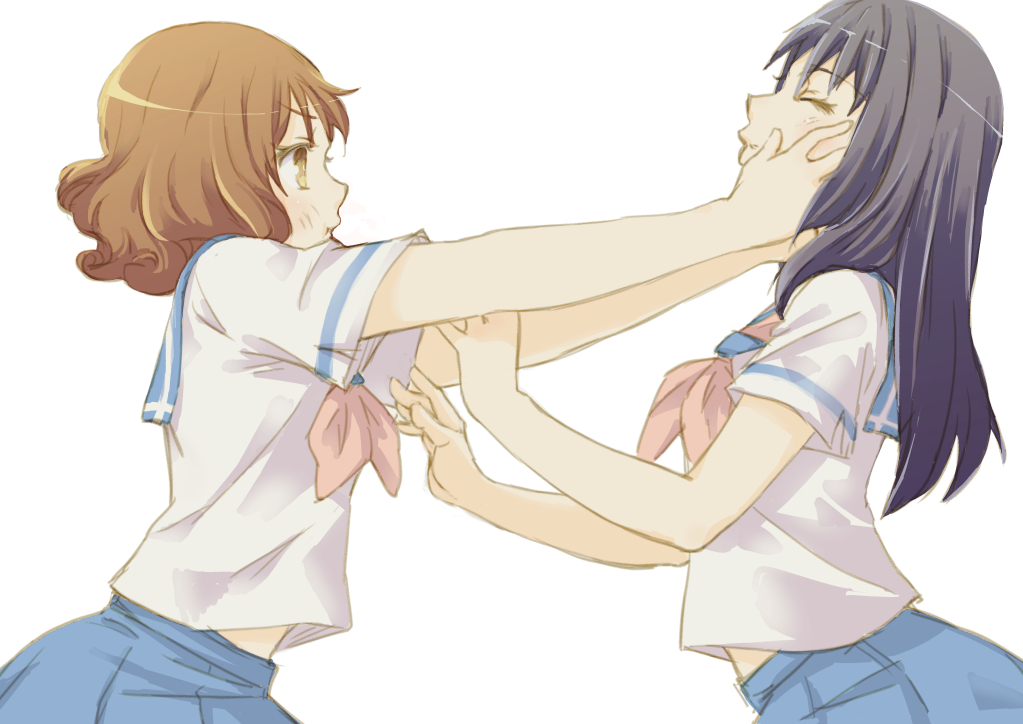 2girls, :t, belly_peek, black_hair, blush, brown_eyes, brown_hair, closed_eyes