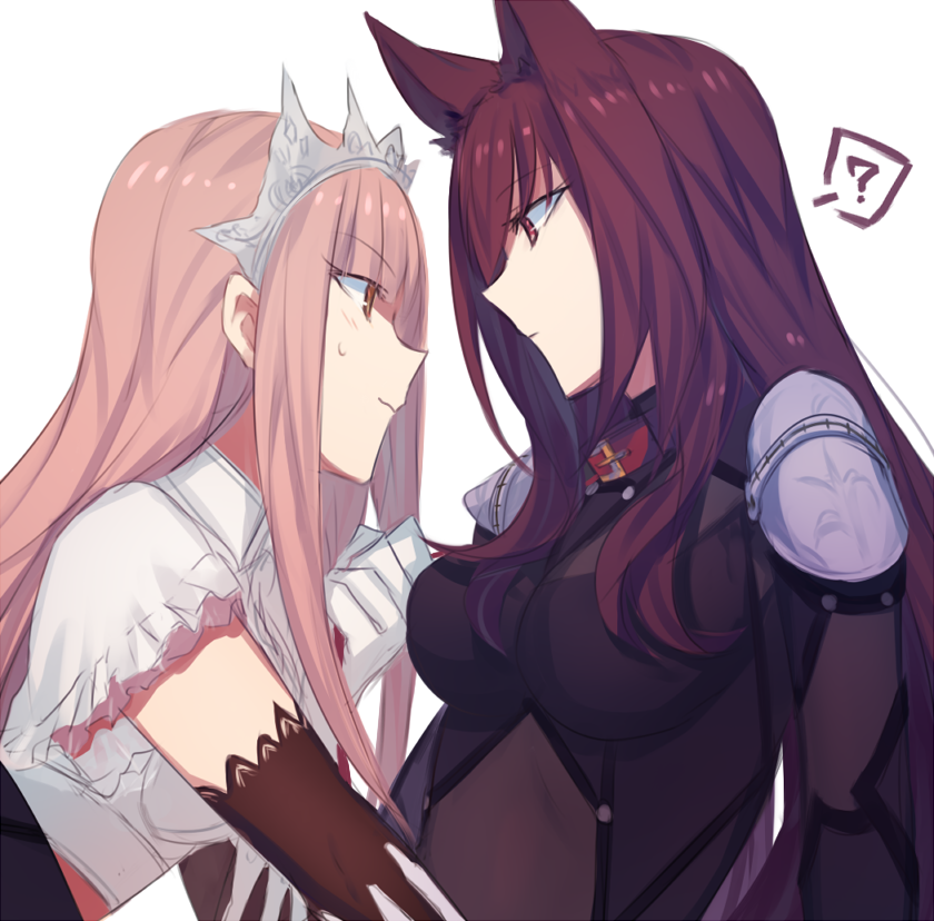 2girls, ?, aoki_shizumi, blush, bodysuit, collar, elbow_gloves, face-to-face, fate/grand_order, fate_(series), from_side, gloves, holding, kemonomimi_mode, leash, long_hair, medb_(fate/grand_order), multiple_girls, pink_hair, purple_bodysuit, purple_hair, red_eyes, scathach_(fate/grand_order), short_sleeves, simple_background, smile, spoken_question_mark, straight_hair, tiara, upper_body, wavy_hair, white_background, yellow_eyes, yuri