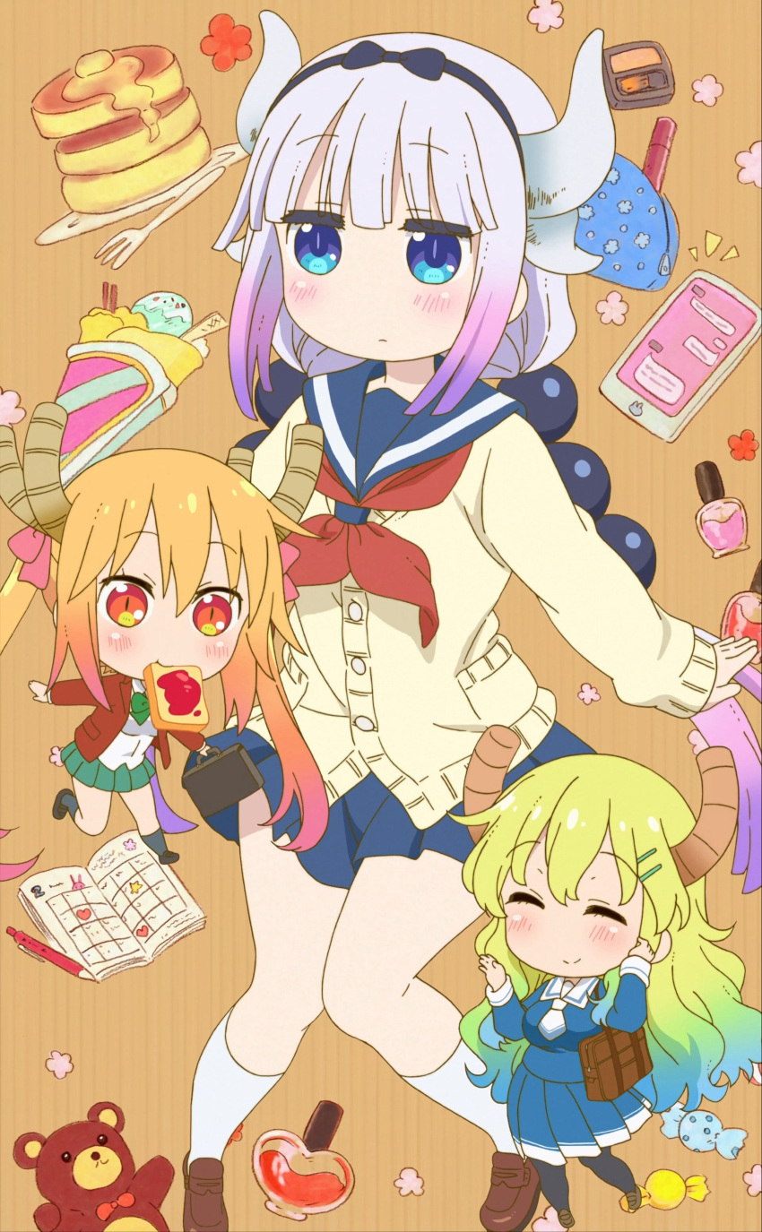 3girls, absurdres, bangs, beads, black_legwear, blonde_hair, blue_eyes, blush, bottle, breasts, cardigan, chibi, dragon_girl, dragon_horns, eyebrows_visible_through_hair, food, food_in_mouth, gradient_hair, green_hair, hair_beads, hair_ornament, highres, horns, ice_cream, kanna_kamui, kobayashi-san_chi_no_maidragon, large_breasts, lavender_hair, long_hair, looking_at_viewer, low_twintails, mouth_hold, multicolored_hair, multiple_girls, official_art, orange_eyes, pantyhose, perfume_bottle, pleated_skirt, quetzalcoatl_(maidragon), school_uniform, serafuku, shirt, shoes, skirt, smile, socks, stuffed_animal, stuffed_toy, teddy_bear, toast, toast_in_mouth, tooru_(maidragon), twintails, wafer