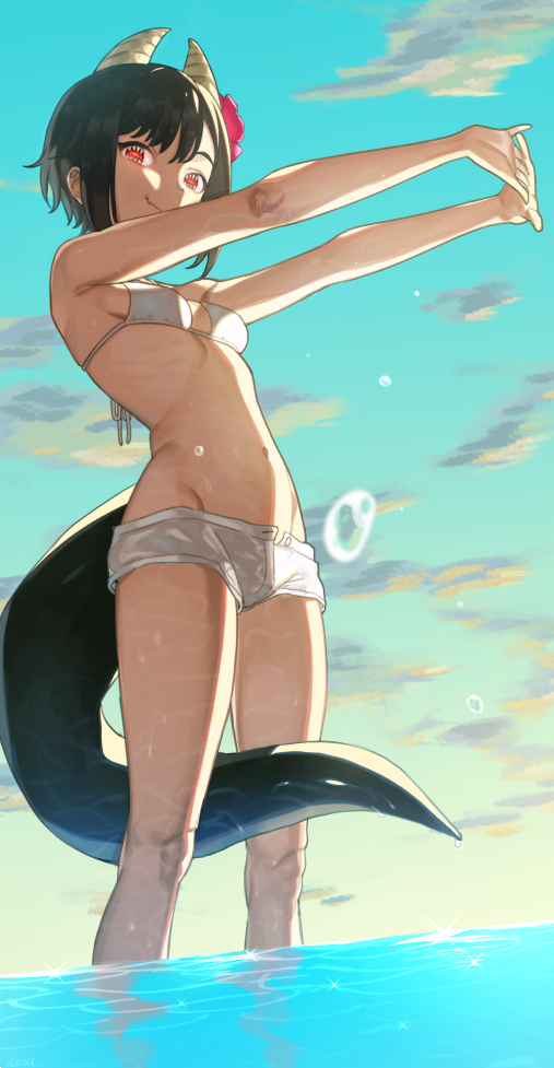 1girl, backlighting, bangs, between_legs, bikini, bikini_top, black_hair, blue_sky