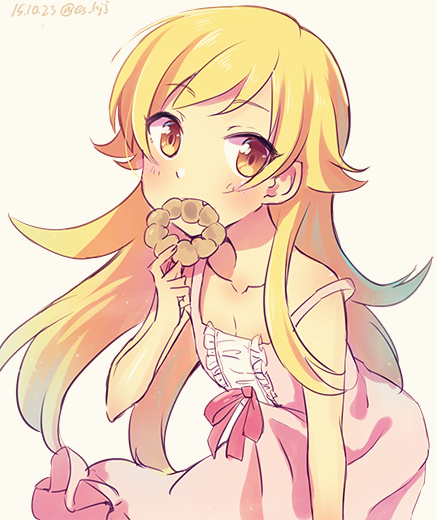 1girl, bangs, blonde_hair, dated, doughnut, dress, eating, esgkjj
