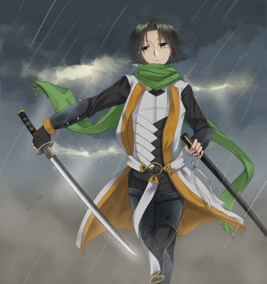 1boy, akiymym0, alternate_costume, armor, clouds, cloudy_sky, fingerless_gloves, gloves, green_eyes, green_hair, highres, katana, male_focus, rain, scarf, sky, solo, summon_night, summon_night_3, sword, weapon, will_martini