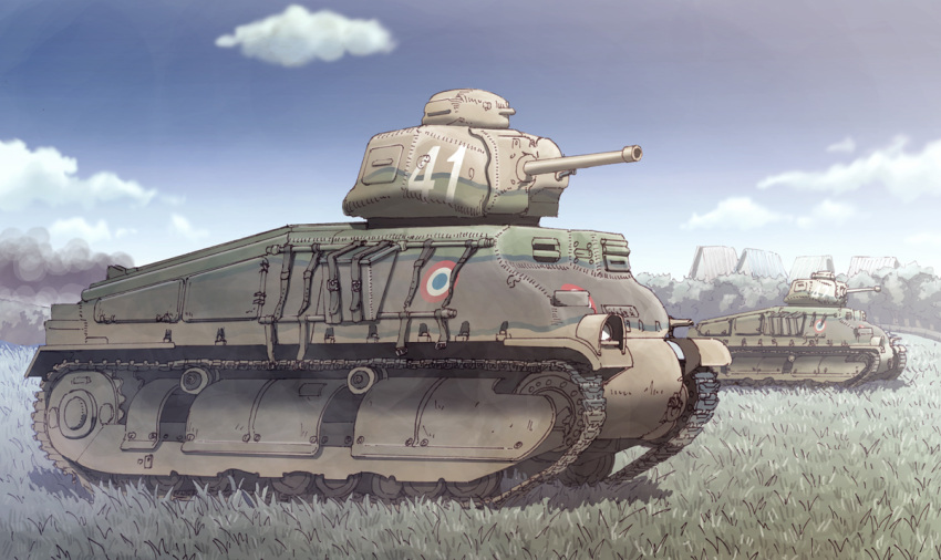 clouds, earasensha, grass, ground_vehicle, military, military_vehicle, motor_vehicle, no_humans