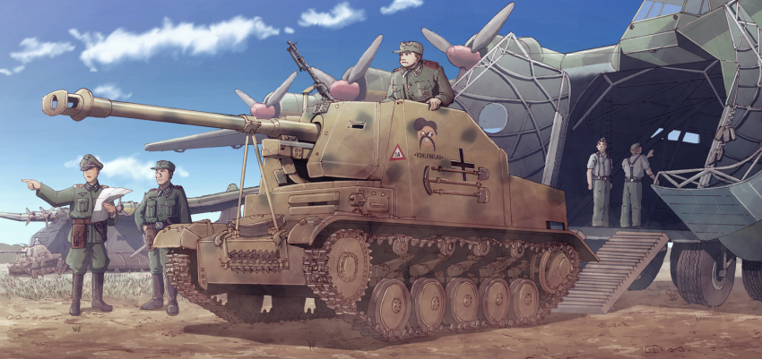 5boys, aircraft, airplane, clouds, earasensha, grass, ground_vehicle, marder_ii, messerschmitt_me_323, military, military_vehicle, motor_vehicle, multiple_boys, real_life, sky, tank, tank_destroyer, tree