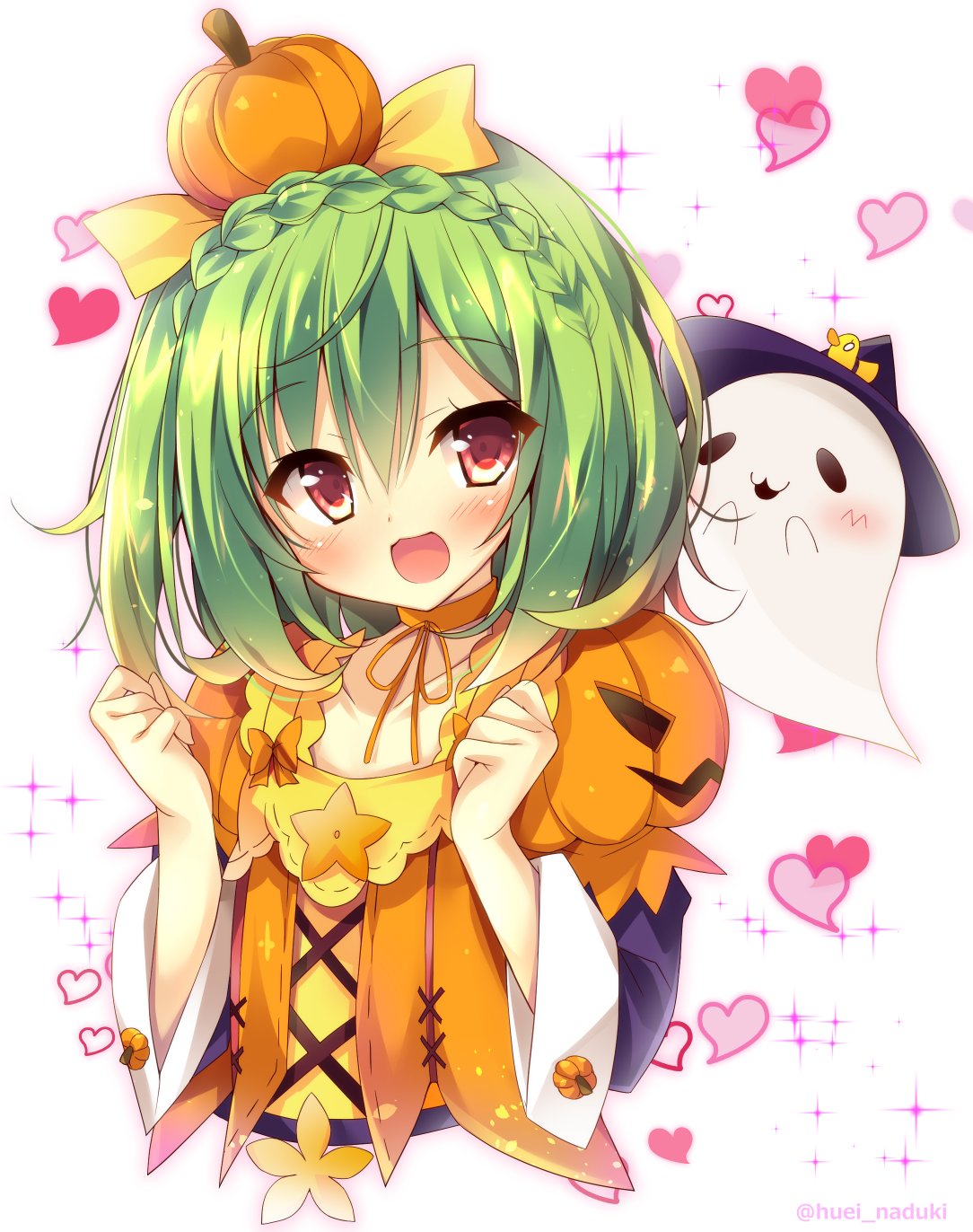 1girl, :d, blush, bow, braid, crown_braid, flower_knight_girl, food_themed_clothes