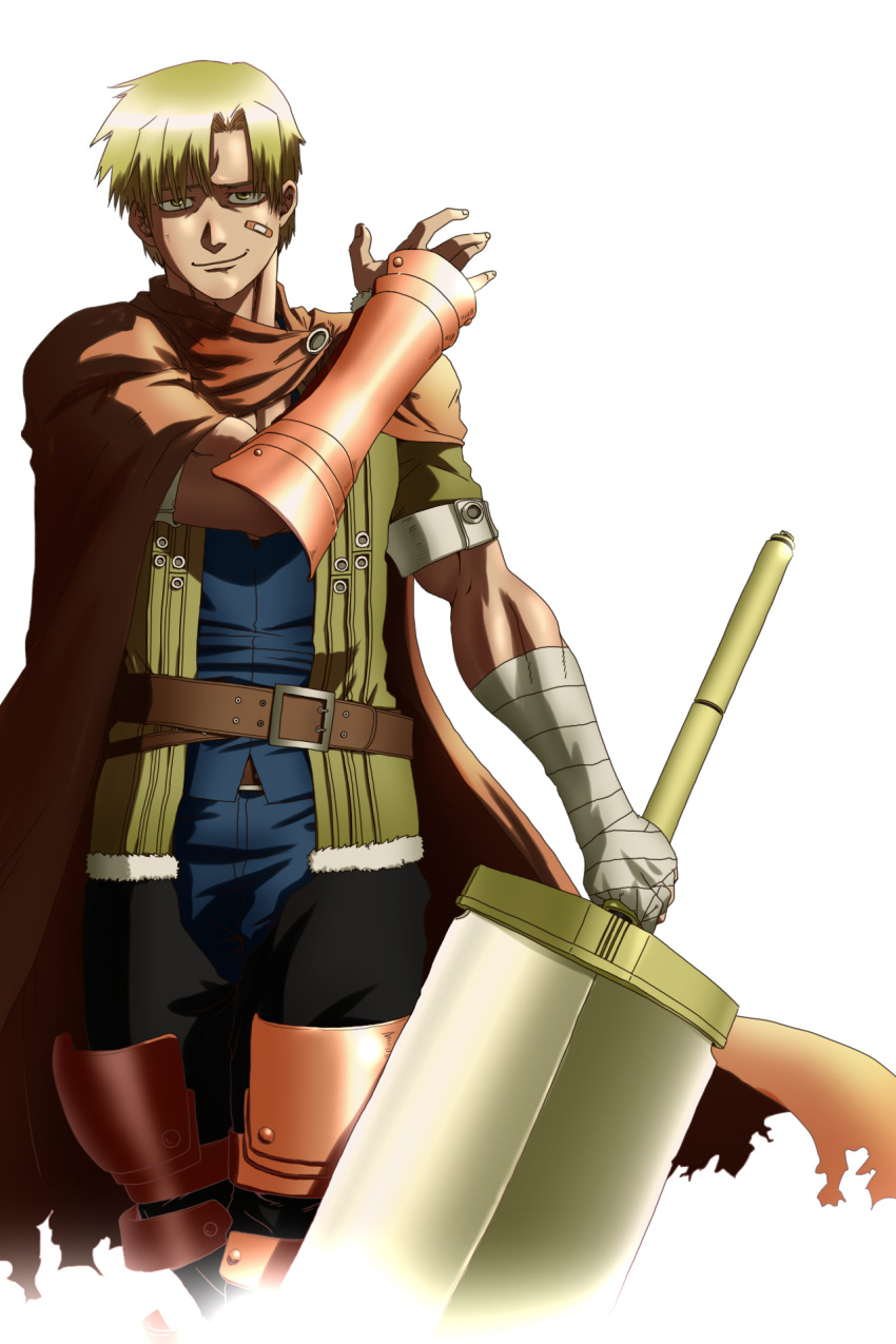 1boy, bandage, bandaid, bandaid_on_face, belt, blonde_hair, cape, folte_(summon_night), highres, male_focus, simple_background, solo, summon_night, summon_night_2, sword, upper_body, weapon, white_background, wuwawuwaaa, yellow_eyes