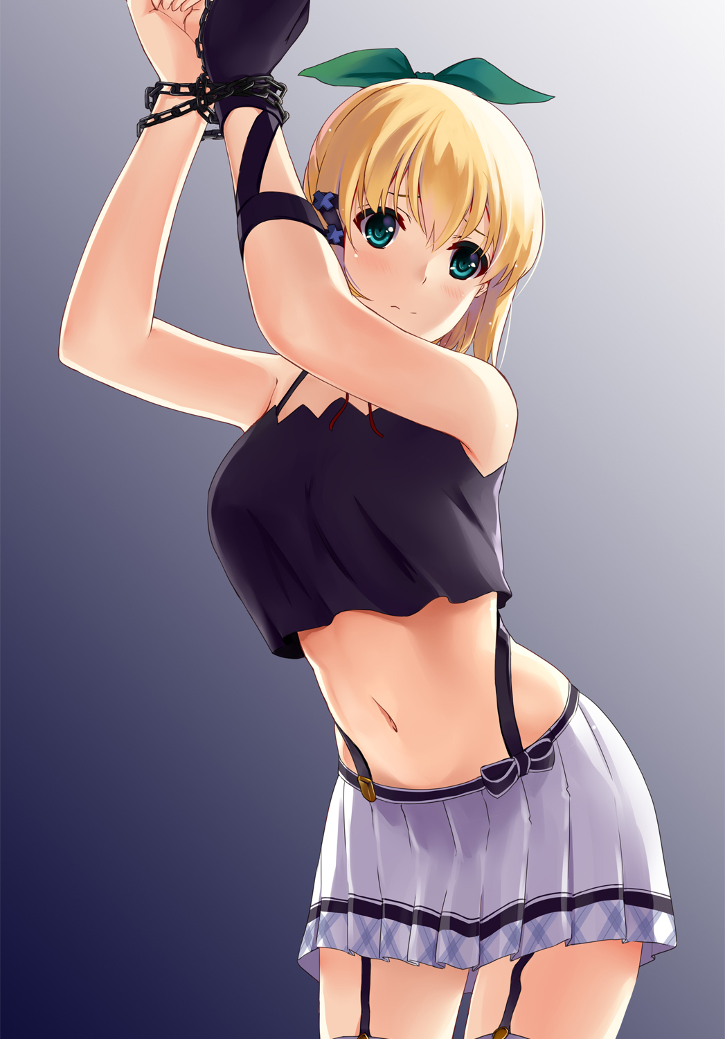 1girl, aqua_eyes, arms_up, bare_shoulders, bdsm, black_legwear, blonde_hair, blush, bondage, bound, bound_wrists, breasts, chains, closed_mouth, cowboy_shot, crop_top, garter_straps, gradient, gradient_background, green_ribbon, grey_background, hair_ribbon, highres, light_frown, looking_at_viewer, medium_breasts, mizuki_(mizuki_ame), navel, pleated_skirt, ribbon, rokudenashi_majutsu_koushi_to_akashic_record, rumia_tingel, short_hair, skirt, sleeveless, solo, standing, stomach, suspender_skirt, suspenders, tareme, thigh-highs, white_skirt, zettai_ryouiki