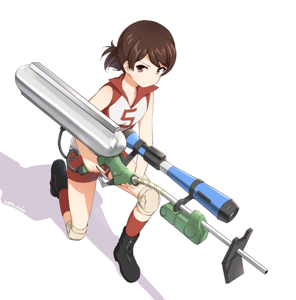 1girl, bangs, black_boots, boots, brown_eyes, brown_hair, closed_mouth, e-liter_3k_(splatoon)