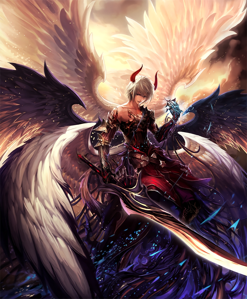 1boy, angel_wings, artist_request, asymmetrical_clothes, cygames, dark_persona, demon_boy, demon_horns