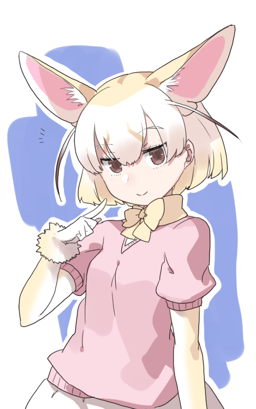 /\/\/\, 1girl, animal_ears, arm_at_side, blonde_hair, blue_background, blush, brown_eyes