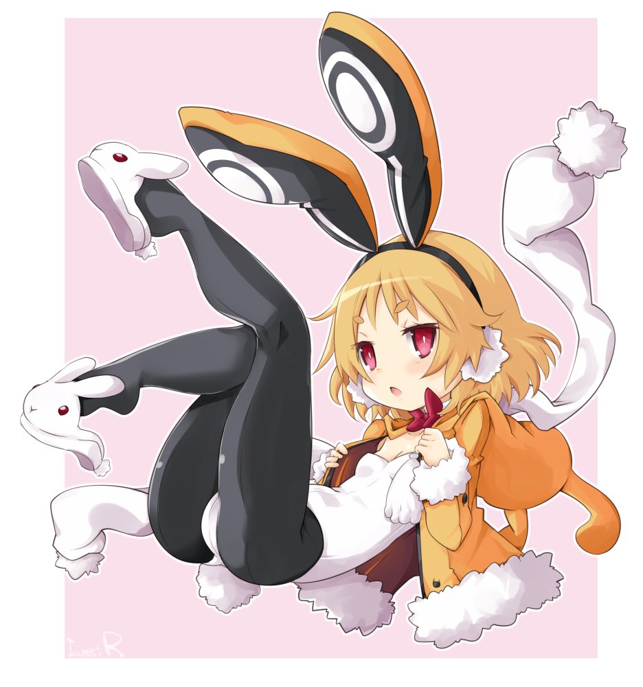 1girl, animal_ears, black_hairband, black_legwear, blonde_hair, bow, bowtie, disgaea