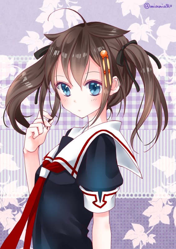 1girl, ahoge, alternate_hairstyle, artist_name, black_serafuku, blue_eyes, commentary_request, eyebrows