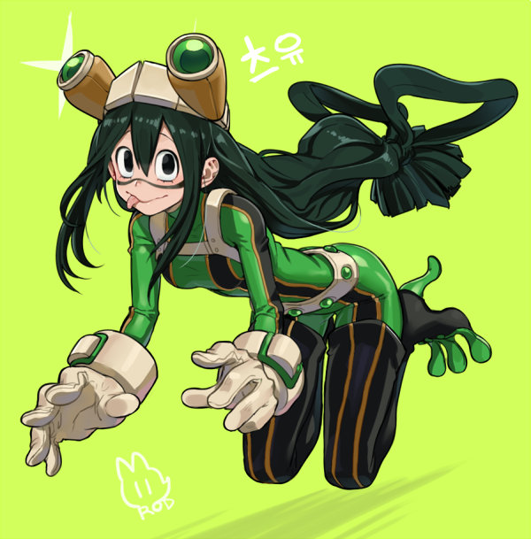 1girl, :>, :p, artist_name, asui_tsuyu, beige_gloves, belt, black_eyes, black_hair, bodysuit, boku_no_hero_academia, buttons, closed_mouth, eyelashes, floating, floating_hair, full_body, gloves, goggles, goggles_on_head, green_background, green_bodysuit, hair_between_eyes, long_hair, looking_at_viewer, low-tied_long_hair, rod_(rod4817), sanpaku, shadow, shiny, shiny_hair, signature, smile, solo, star, tongue, tongue_out, uniform, very_long_hair