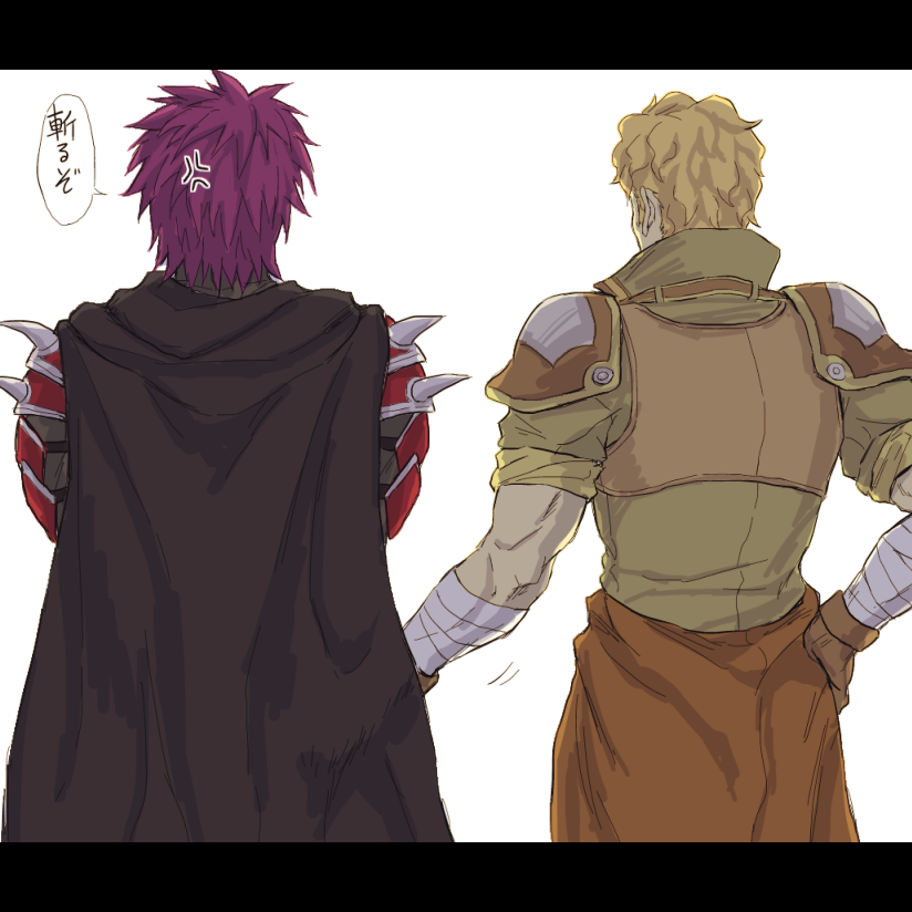 2boys, anger_vein, back, bandage, blonde_hair, cape, deen_(fire_emblem), fire_emblem, fire_emblem_echoes:_mou_hitori_no_eiyuuou, jesse_(fire_emblem), male_focus, mihosanno, multiple_boys, purple_hair, white_background