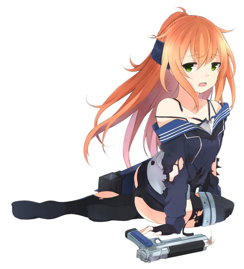 1girl, ankle_boots, black_legwear, boots, burnt_clothes, buttons, cardigan, collarbone