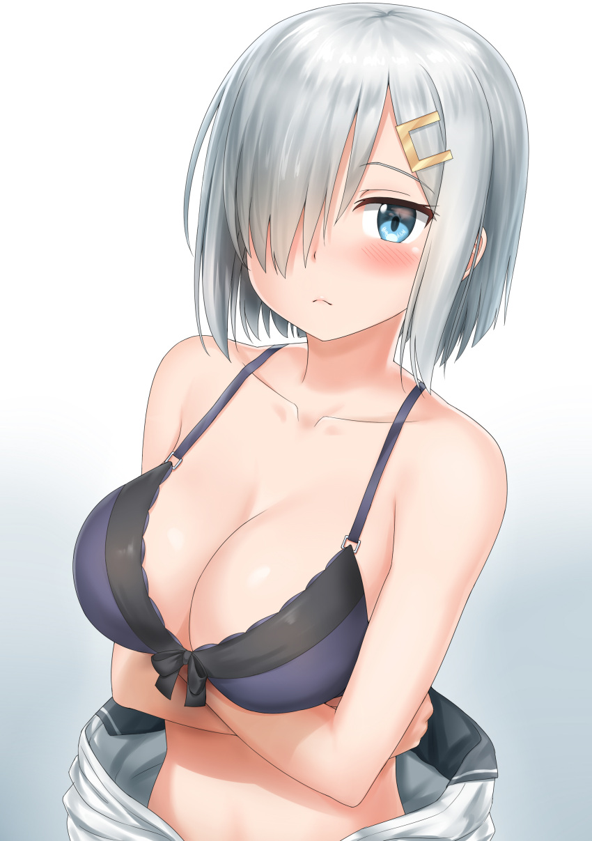 1girl, absurdres, blue_bra, blue_eyes, blush, bra, breasts, clothes_around_waist
