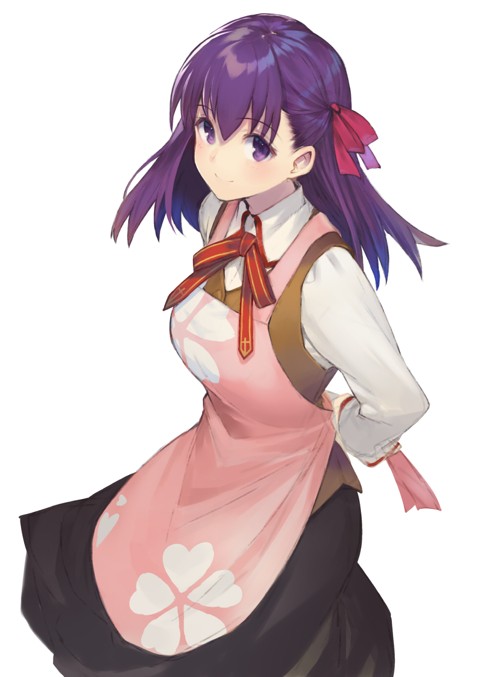 1girl, apron, black_skirt, breasts, eyebrows_visible_through_hair, fate/stay_night, fate_(series), floral_print, hair_ribbon, highres, large_breasts, long_skirt, long_sleeves, matou_sakura, neck_ribbon, pink_apron, purple_hair, red_ribbon, ribbon, school_uniform, shirabi_(life-is-free), shirt, simple_background, skirt, solo, tan_vest, violet_eyes, white_background, white_shirt