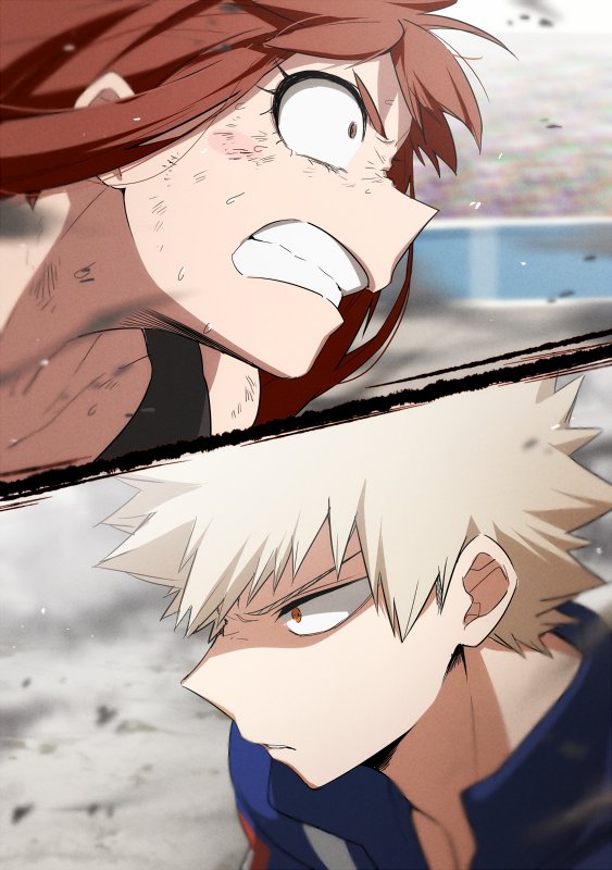 1boy, 1girl, angry, bakugou_katsuki, battle, blonde_hair, blush_stickers, boku_no_hero_academia