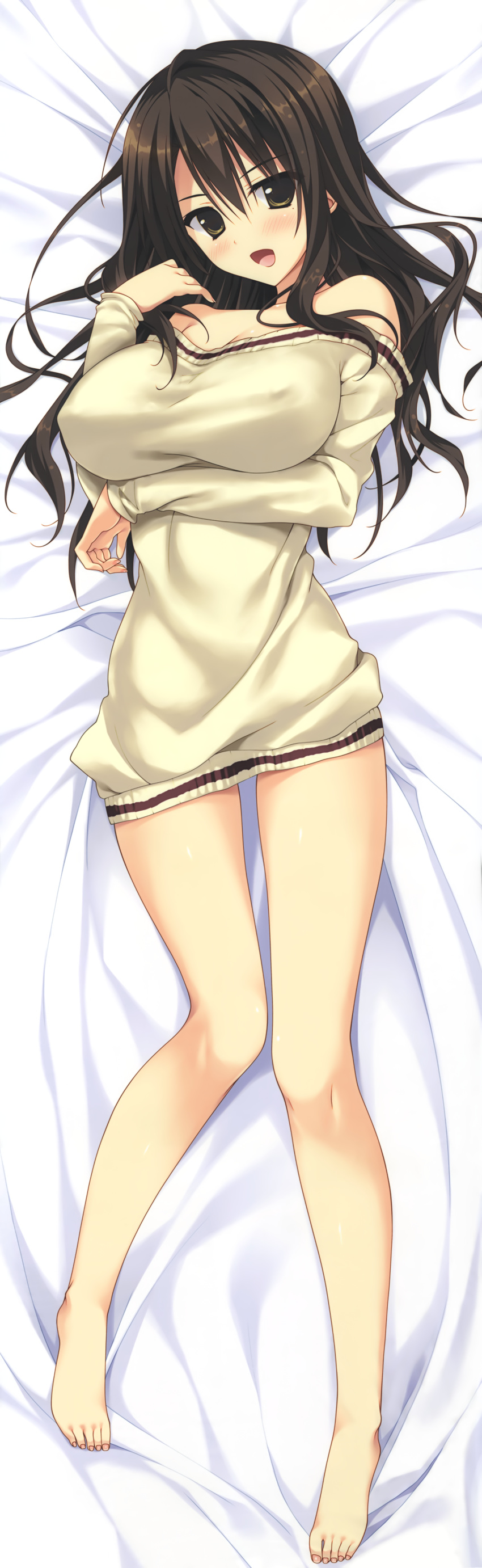 1girl, :d, absurdres, bare_legs, bed_sheet, breasts, brown_eyes, brown_hair, dakimakura, gakkou_no_seiiki, highres, huge_filesize, large_breasts, long_hair, long_sleeves, lying, nase_yaeka, open_mouth, ryouka_(suzuya), smile, solo, sweater, tagme