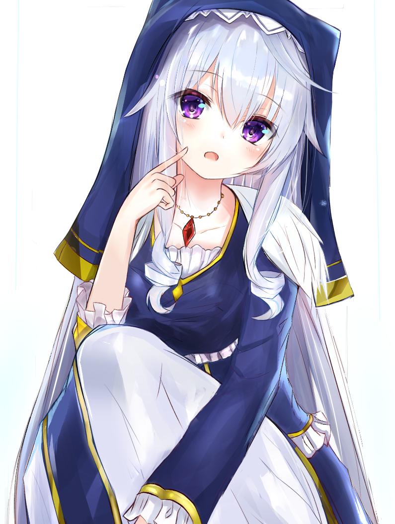 1girl, amulet, bangs, blush, collarbone, eris_(konosuba), eyebrows_visible_through_hair, finger_to_cheek, hair_between_eyes, kono_subarashii_sekai_ni_shukufuku_wo!, light_smile, long_hair, looking_at_viewer, nun, open_mouth, ria_(riarea00), silver_hair, simple_background, sitting, solo, veil, violet_eyes, white_background