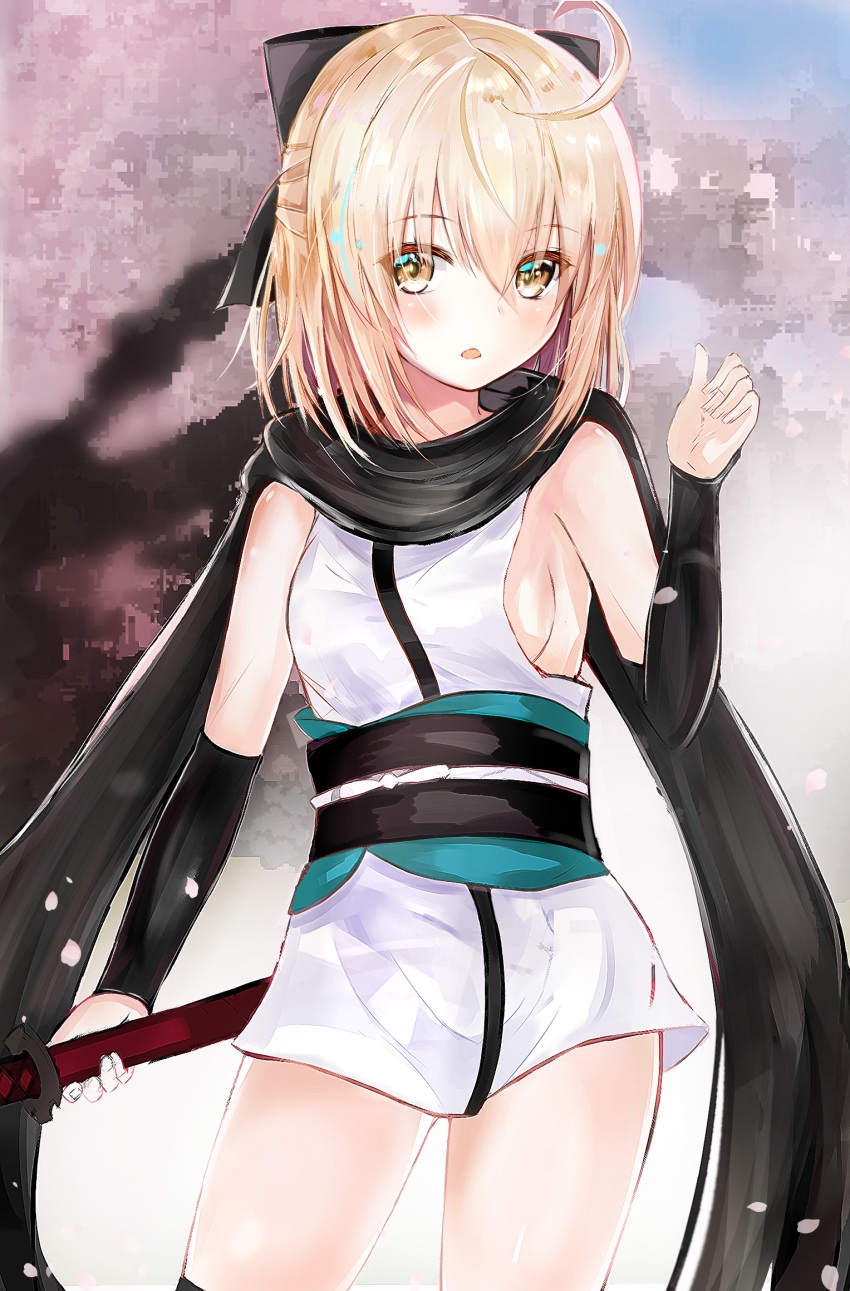 1girl, ahoge, bangs, black_bow, black_scarf, blonde_hair, blush, bow, breasts, cowboy_shot, eyebrows_visible_through_hair, fate_(series), hair_between_eyes, hair_bow, half_updo, hand_up, highres, holding, holding_sword, holding_weapon, japanese_clothes, katana, kimono, koha-ace, looking_at_viewer, obi, parted_lips, ria_(riarea00), sakura_saber, sash, scarf, sheath, sheathed, short_kimono, sideboob, small_breasts, solo, sword, weapon, white_kimono, yellow_eyes