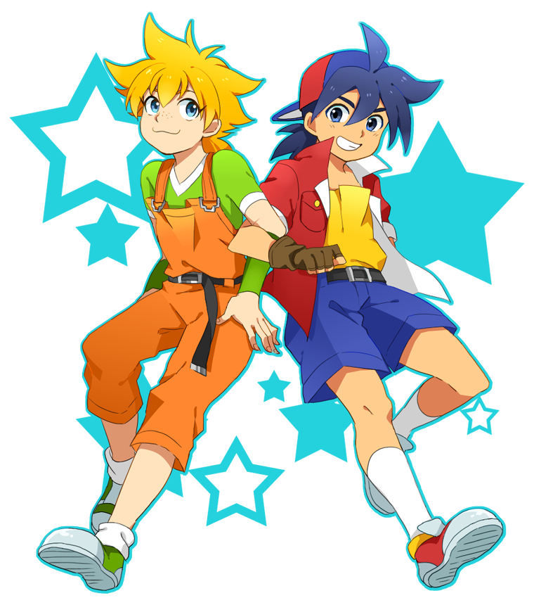 2boys, :3, bakuten_shoot_beyblade, bangs, baseball_cap, beyblade, black_hair, blonde_hair, blue_eyes, blue_hair, crossed_arms, fingerless_gloves, gloves, grin, hair_between_eyes, hat, kinomiya_takao, looking_at_viewer, male_focus, mizuhara_max, multiple_boys, overalls, shirt, shorts, smile, soboro_(ms7200), spiky_hair
