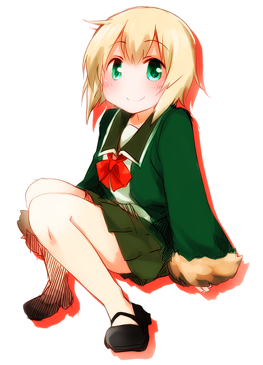 1girl, blonde_hair, bow, bowtie, fur_trim, green_eyes, green_jacket, green_skirt