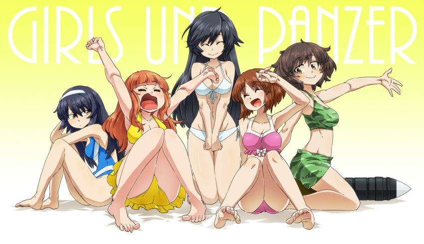 5girls, :d, akiyama_yukari, aono3, barefoot, bikini, black_hair, breasts, brown_eyes, camouflage, camouflage_bikini, cleavage, closed_eyes, commentary_request, copyright_name, frilled_bikini, frills, front-tie_bikini, front-tie_top, girls_und_panzer, hairband, highres, isuzu_hana, kneeling, large_breasts, multiple_girls, navel, nishizumi_miho, one-piece_swimsuit, open_mouth, orange_hair, outstretched_arms, pink_bikini, reizei_mako, shouting, sitting, smile, swimsuit, takebe_saori, tank_shell, wavy_mouth, white_bikini, yellow_eyes