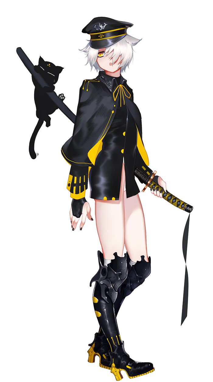 1girl, :o, animal, arm_at_side, arm_guards, armor, armored_boots, black_boots
