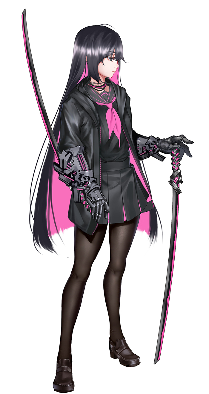 1girl, ahoge, bangs, black_jacket, black_serafuku, black_skirt, brown_legwear, brown_shoes, choker, closed_mouth, expressionless, eyebrows_visible_through_hair, full_body, gauntlets, highres, holding, holding_sword, holding_weapon, jacket, katana, kote-sensei, legs_apart, loafers, long_hair, long_sleeves, looking_afar, looking_away, multicolored_hair, neckerchief, open_clothes, open_jacket, original, pantyhose, pink_hair, pink_neckerchief, pleated_skirt, profile, school_uniform, serafuku, shoes, simple_background, skirt, solo, standing, straight_hair, sword, two-tone_hair, unsheathed, very_long_hair, weapon, white_background