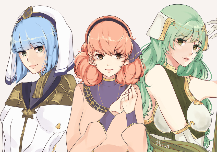 3girls, artist_name, bare_shoulders, blue_hair, circlet, curly_hair, fire_emblem, fire_emblem_echoes:_mou_hitori_no_eiyuuou