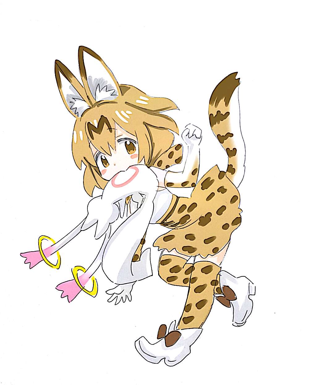 1girl, :>, animal_ears, animal_print, ankle_boots, arm_at_side, bare_shoulders, belt, black_ribbon, blush_stickers, boots, bow, bowtie, brown_belt, clenched_hand, closed_mouth, cross-laced_clothes, crossover, dot_nose, elbow_gloves, full_body, gloves, hand_up, high-waist_skirt, highres, kemono_friends, komotodaemai, kyubey, light_brown_eyes, looking_at_viewer, mahou_shoujo_madoka_magica, mouth_hold, orange_hair, paw_pose, print_bow, print_bowtie, print_gloves, print_legwear, print_skirt, ribbon, serval_(kemono_friends), serval_ears, serval_print, serval_tail, shirt, shoe_ribbon, short_hair, simple_background, sketch, skirt, sleeveless, sleeveless_shirt, striped_tail, tail, tareme, thigh-highs, walking, white_background, white_boots, white_footwear, white_shirt, zettai_ryouiki