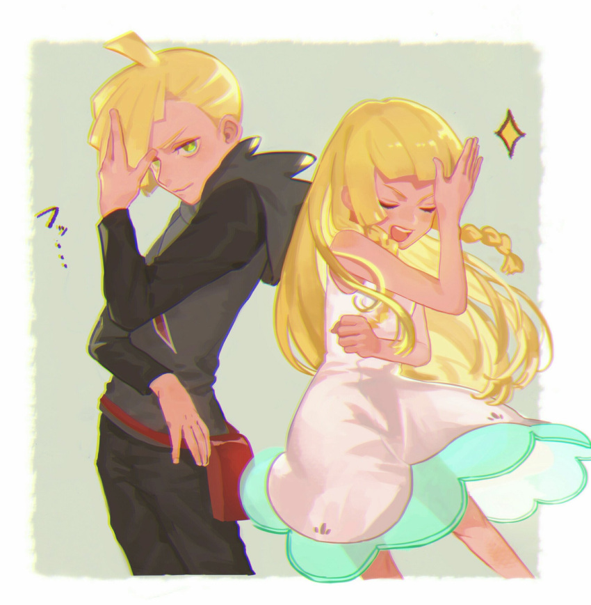 1boy, 1girl, black_pants, blonde_hair, braid, brother_and_sister, closed_eyes, dress