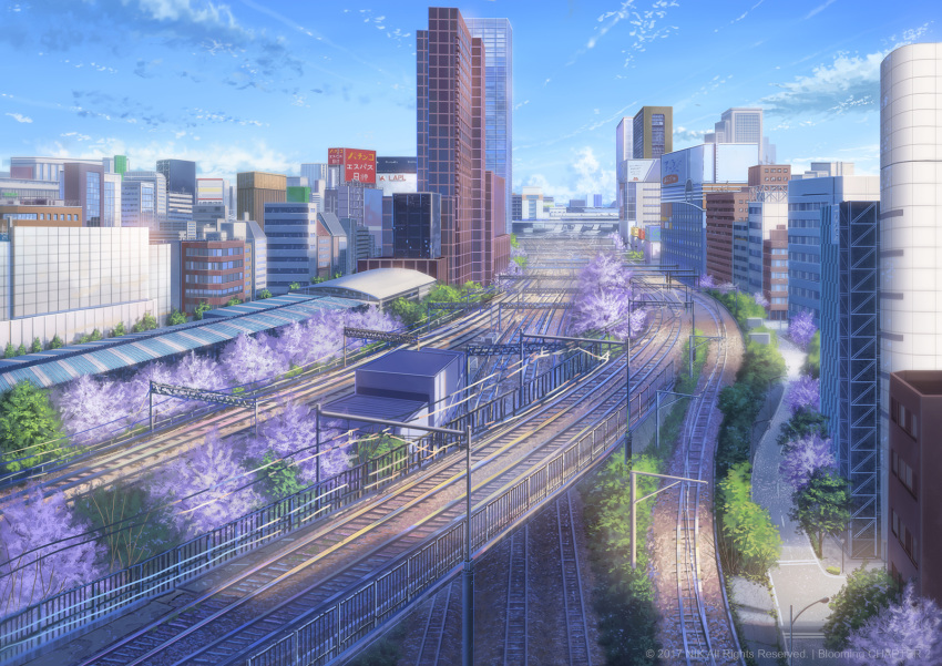 blurry, brand_name_imitation, building, cherry_blossoms, city, cityscape, clouds, commentary, depth_of_field, highres, niko_p, no_humans, original, railroad_tracks, road, scenery, shadow, shinjuku, sky, spring_(season), street, tokyo_(city), train_station, tree, watermark
