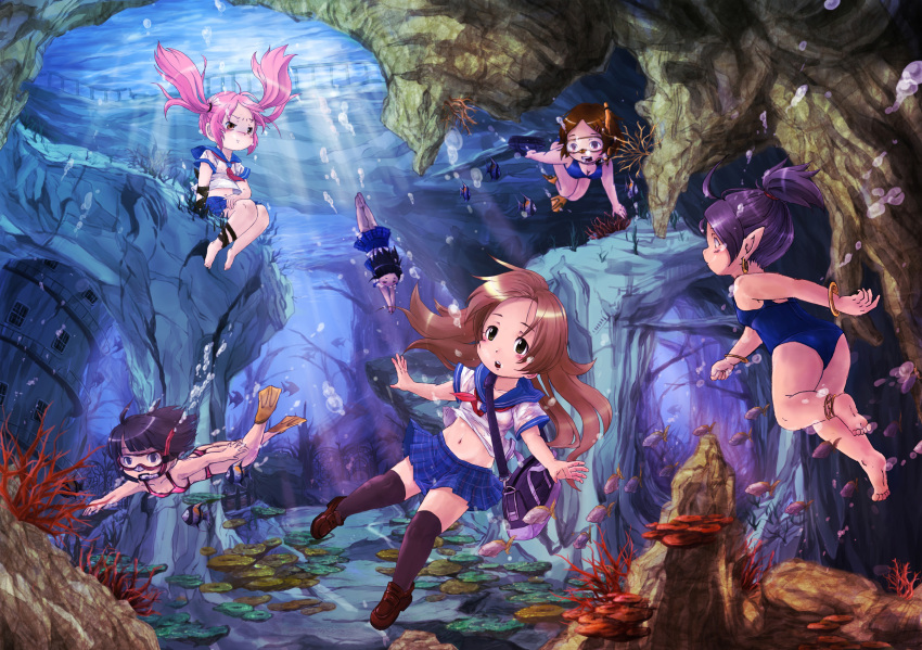 6+girls, air_bubble, anklet, bag, barefoot, bikini, blush, bubble, cave, coral, diving, diving_mask, earrings, fish, flippers, freediving, highres, holding_breath, jewelry, kneehighs, mochizuki_usagi, multiple_girls, ocean, original, pink_hair, pointy_ears, ponytail, purple_hair, school_bag, school_uniform, serafuku, snorkel, soles, struggling, swimsuit, twintails, underwater