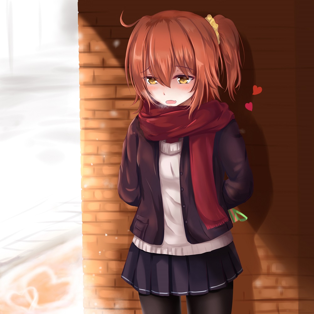 1girl, ahoge, ashfair, blush, box, brick_wall, fate/grand_order, fate_(series)