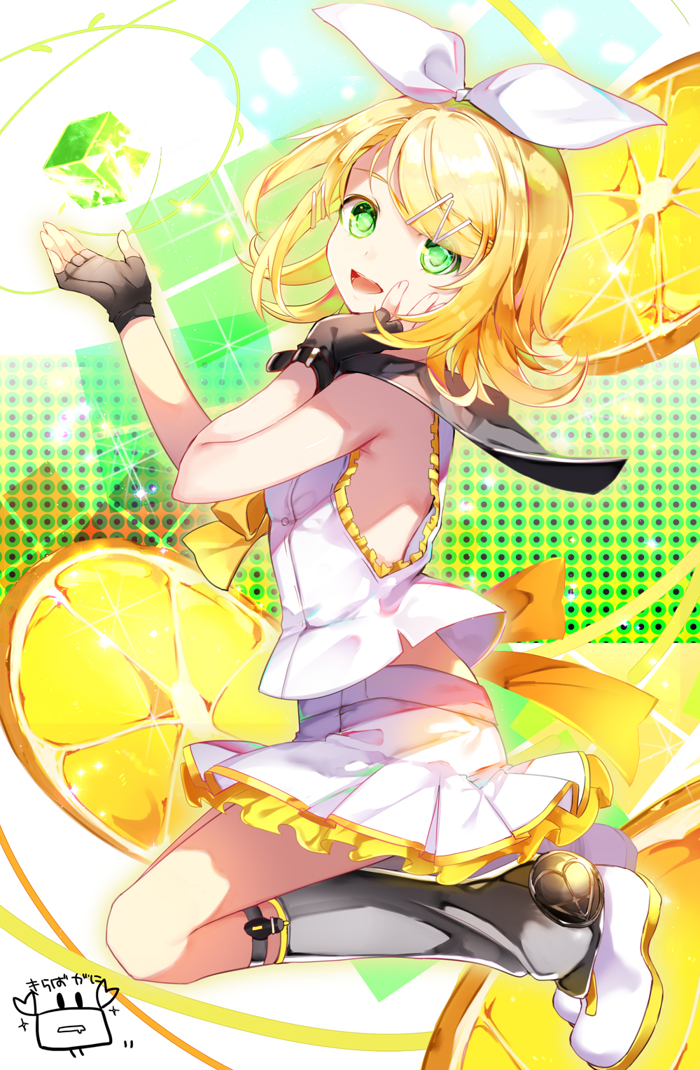 1girl, blonde_hair, bow, crystal, eyebrows_visible_through_hair, fingerless_gloves, floating_object, food