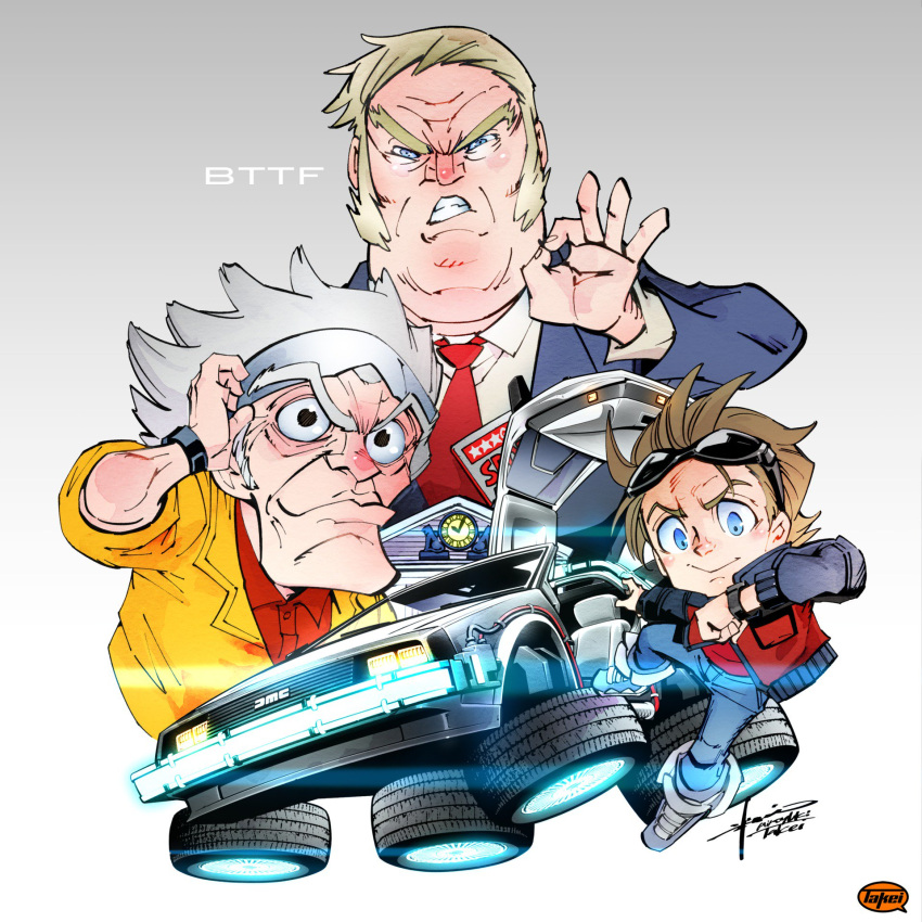 3boys, back_to_the_future, biff_tannen, blonde_hair, brown_hair, car, caricature, clock
